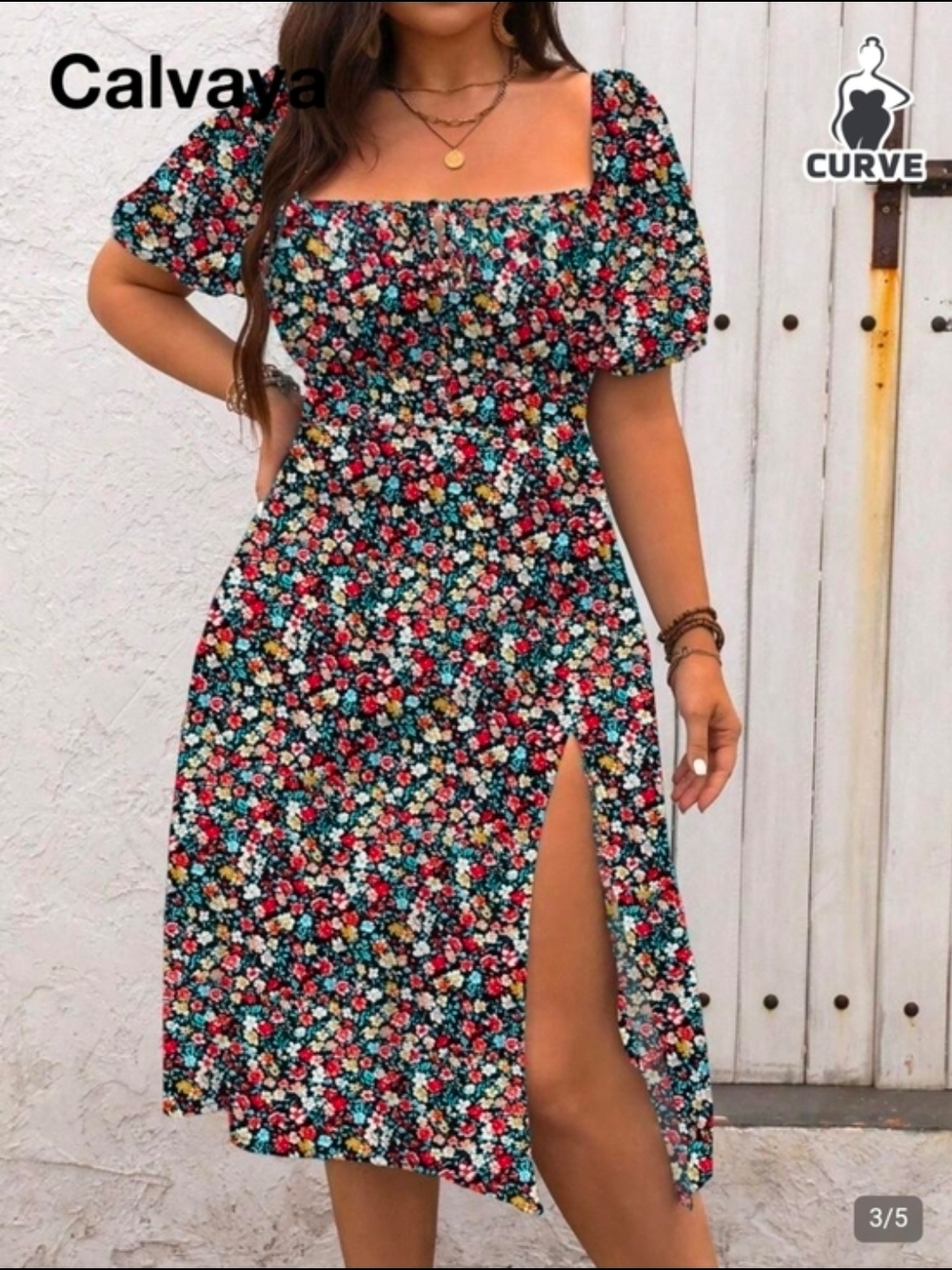 SHEIN Multi-Color Floral Square-Neck Midi Dress with Side Slit - 1XL